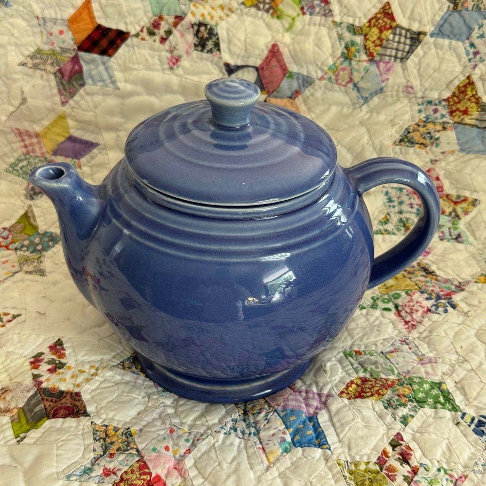 Vintage USA Blue Ceramic Teapot Round Ribbed Tea Pot with Lid MCM Stoneware